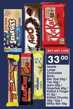 President Hyper Nestlè Large Chocolate Bars Bar One/ Tex/ Aero/ Smarties/ KitKat 4 Finger/ KitKat Chunky/ Milky Bar offer