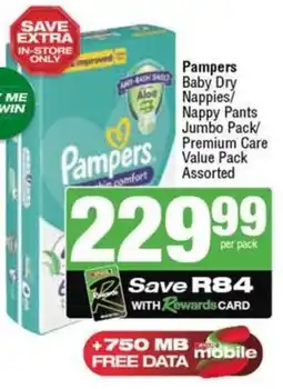 SuperSpar Pampers Baby Dry Nappies/ Nappy Pants Jumbo Pack/ Premium Care Value Pack Assorted offer