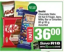 SuperSpar Nestlé Chocolate Slabs Kit Kat 8 Finger, Aero, Milky Bar or Smarties Assorted offer