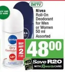SuperSpar Nivea Roll-On Deodorant for Men or Women Assorted offer