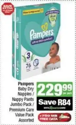 SuperSpar Pampers Baby Dry Nappies/ Nappy Pants Jumbo Pack/ Premium Care Value Pack Assorted offer