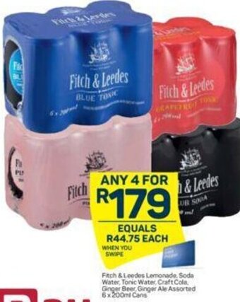 Pick n Pay Fitch & Leedes Lemonade, Soda Water, Tonic Water, Craft Cola, Ginger Beer, Ginger Ale Assorted 6x200ml Cans offer