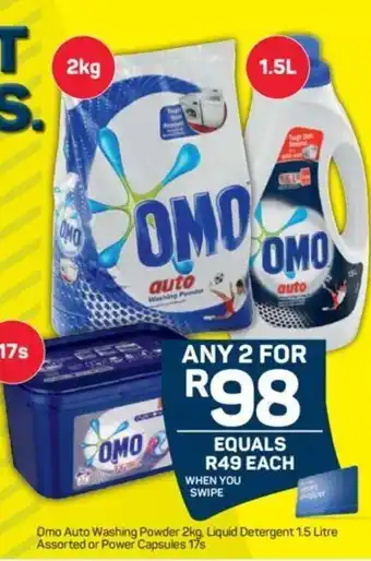Pick n Pay Omo Auto Washing Powder 2kg, Liquid Detergent 1,5 Litre Assorted or Powder 17s offer