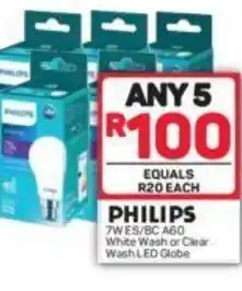 Philips 7W ES/BC A60 White Wash or Clear Wash LED Globe