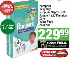 KwikSpar Pampers Baby Dry Nappies/Nappy Pants Jumbo Pack/ Premium Care Value Pack Assorted offer