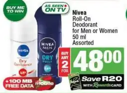 KwikSpar Nivea Roll-On Deodorant for Men or Women Assorted offer