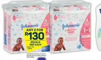 Pick n Pay Jonhson's Cotton Touch or Gentle All Over Baby Wipes 224/288s offer