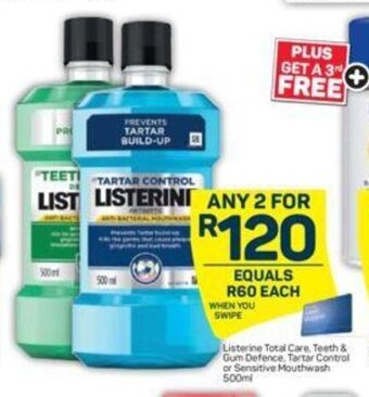 Pick n Pay Listerine Total Care, Teeth & Gum Defence, Tartar Control or Sensitive Mouthwash 500ml offer