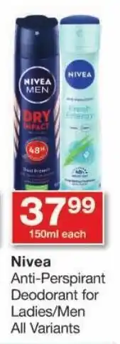 Checkers Nivea Anti-Perspirant Deodorant for Ladies/Men All Variants offer