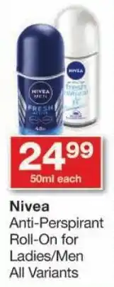 Checkers Nivea Anti-Perspirant Roll-On for Ladies/Men All Variants offer