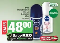 KwikSpar Nivea Men or Women Roll-On Deodorant Assorted offer