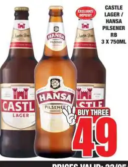 Boxer CASTLE LAGER / HANSA PILSENER RB 3 X 750ML offer