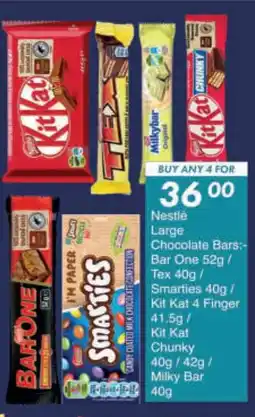 President Hyper Nestlé Large Chocolate Bars Bar One/ Tex/ Smarties/ Kit Kat 4 Finger/ Kit Kat Chunky/ Milky Bar offer