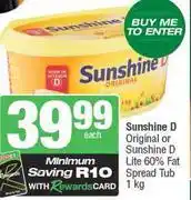 Spar Sunshine D Original Or Sunshine D Lite 60% Fat Spread Tub 1kg-Each offer