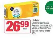 Spar Lil-Lets Smartfit Tampons (Regular Or Super 20's Minis Or Super Plus 16's Or Panty Liners 50's-Each offer