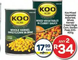 Pick n Pay Hypermarket Koo Mixed Vegetable Assorted, Whole Kernel/Cream Style Corn, Garden Peas offer
