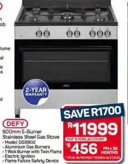 Pick n Pay Hypermarket Defy 900mm 5-Burner Stainless Steel Gas Stove offer
