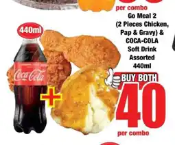 Boxer Go Meal 2 (2 Pieces Chicken, Pap & Gravy) & COCA-COLA Soft Drink Assorted 440ml offer