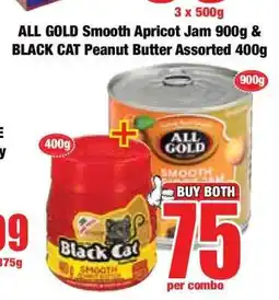 Boxer ALL GOLD Smooth Apricot Jam 900g & BLACK CAT Peanut Butter Assorted 400g offer