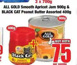 Boxer ALL GOLD Smooth Apricot Jam 900g & BLACK CAT Peanut Butter Assorted 400g offer