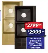 K Carrim Sink Drop In Black/Gold 90mm Waste 32839/48583-1000 x 460 x 220 offer