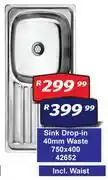 K Carrim Sink Drop In 40mm Waste 42652-750 x 400 offer