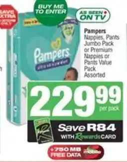 Spar Pampers Nappies Pants Jumbo Pack or Premium Nappies or Pants Value Pack Assorted offer