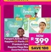 Game Pampers Active Baby Nappies OR Pants OR Premium Care Nappies Mega Box Assorted Sizes offer
