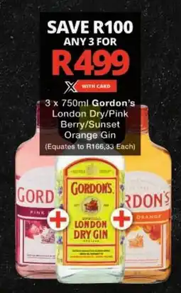 Checkers Gordon's London Dry/Pink Berry/Sunset Orange Gin offer