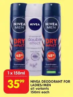 Shoprite Nivea deodorant for ladies/men all variants offer