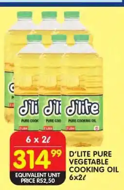 Shoprite D'LITE PURE VEGETABLE COOKING OIL 6x2l offer