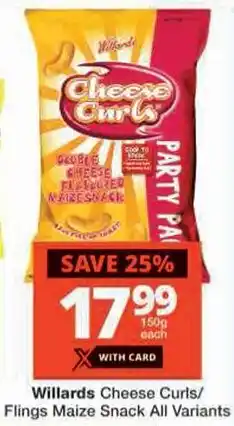 Checkers Willards Cheese Curls/ Flings Maize Snack All Variants offer