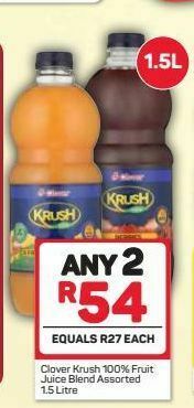 Pick n Pay Clover krush 100% fruit juice 2 offer