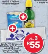 Pick n Pay 1xPnP Condensed Milk 385g,1xPnP Lemon Juice 250ml & 1xNo Name Coconut Tea Biscuits 200g-For 3 offer