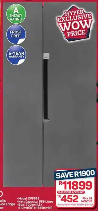 Pick n Pay Hypermarket DEFY Satin Metallic Side-by-Side Fridge with Freezer offer
