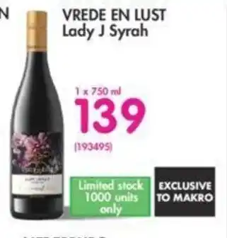 Makro Vrede en Lust Lady J Syrah 1x750ml offer