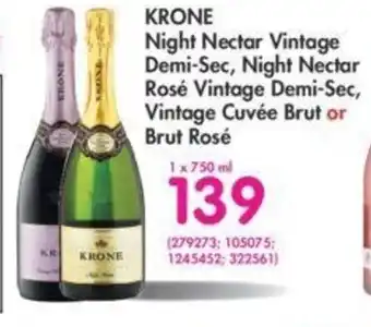 Makro Krone Night Nectar Vintage Demi-Sec, Night Nectar Rosé Vintage Deni-Sec, Vintage Cuveé Brut or Brut Rosé 1x750ml offer