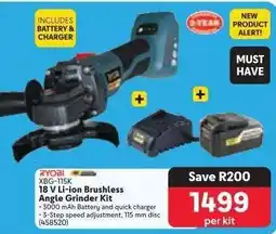 Makro RYOBI XBG-115K 18 V Li-ion Brushless Angle Grinder Kit offer