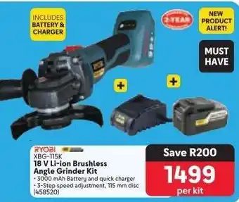 Makro RYOBI XBG-115K 18 V Li-ion Brushless Angle Grinder Kit offer