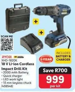 Makro RYOBI XHD-1820K 18 V Li-ion Cordless Impact Drill Kit offer