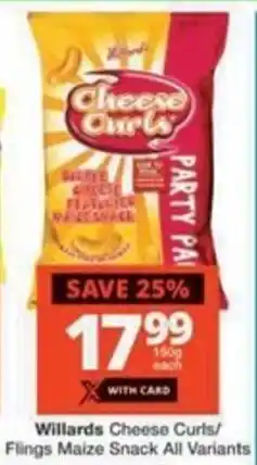 Checkers Hyper Willards Cheese Curls/ Flings Maize Snack All Variants offer