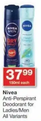 Checkers Nivea Anti-Perspirant Deodorant for Ladies/Men All Variants offer