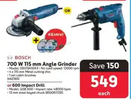 Makro Bosch 700 W 115 mm Angle Grinder or 600 Impact Drill offer