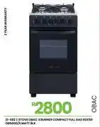 Fair Price Obac 4 Burner Compact Full Gas Matt Blk Stove 50 x 50 OB500G/S OB500G/S 21-582 offer