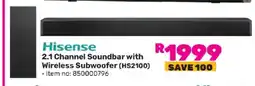 Game Hisense 2.1 Channel Soundbar With Wireless Subwoofer HS2100 offer