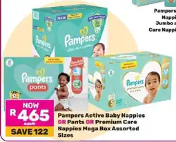 Game Pampers Active Baby Nappies OR Pants OR Premium Care Nappies Mega Box Assorted Sizes offer