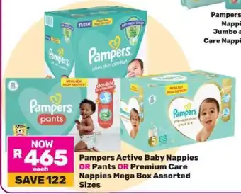 Game Pampers Active Baby Nappies OR Pants OR Premium Care Nappies Mega Box Assorted Sizes offer