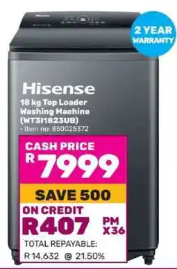 Game Hisense 18 kg Top Loader Washing Machine (WT31I823UB) offer
