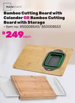 Game MAINSTAYS Bamboo Cutting Board with Colander OR Bamboo Cutting Board with Storage offer