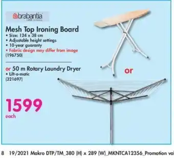 Makro Mesh Top Ironing Board 124 x 38cm or 50m Rotary Laundry Dryer offer